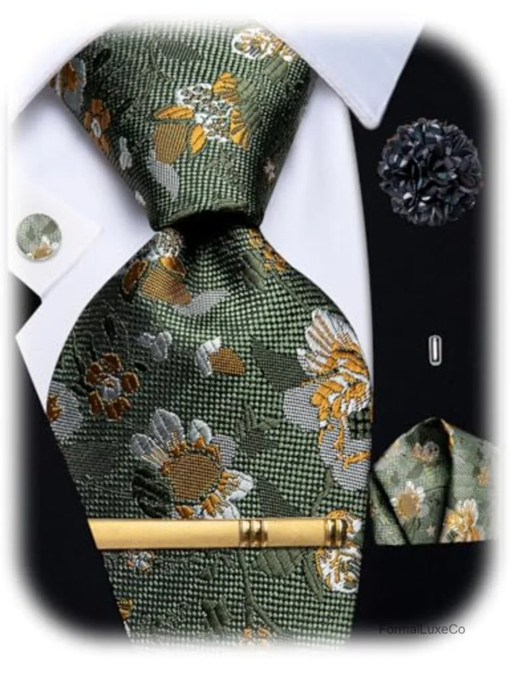 Men's 5PC Silk Tie Set with Cufflinks, Pocket Square, Tie Clip & Lapel Pin -